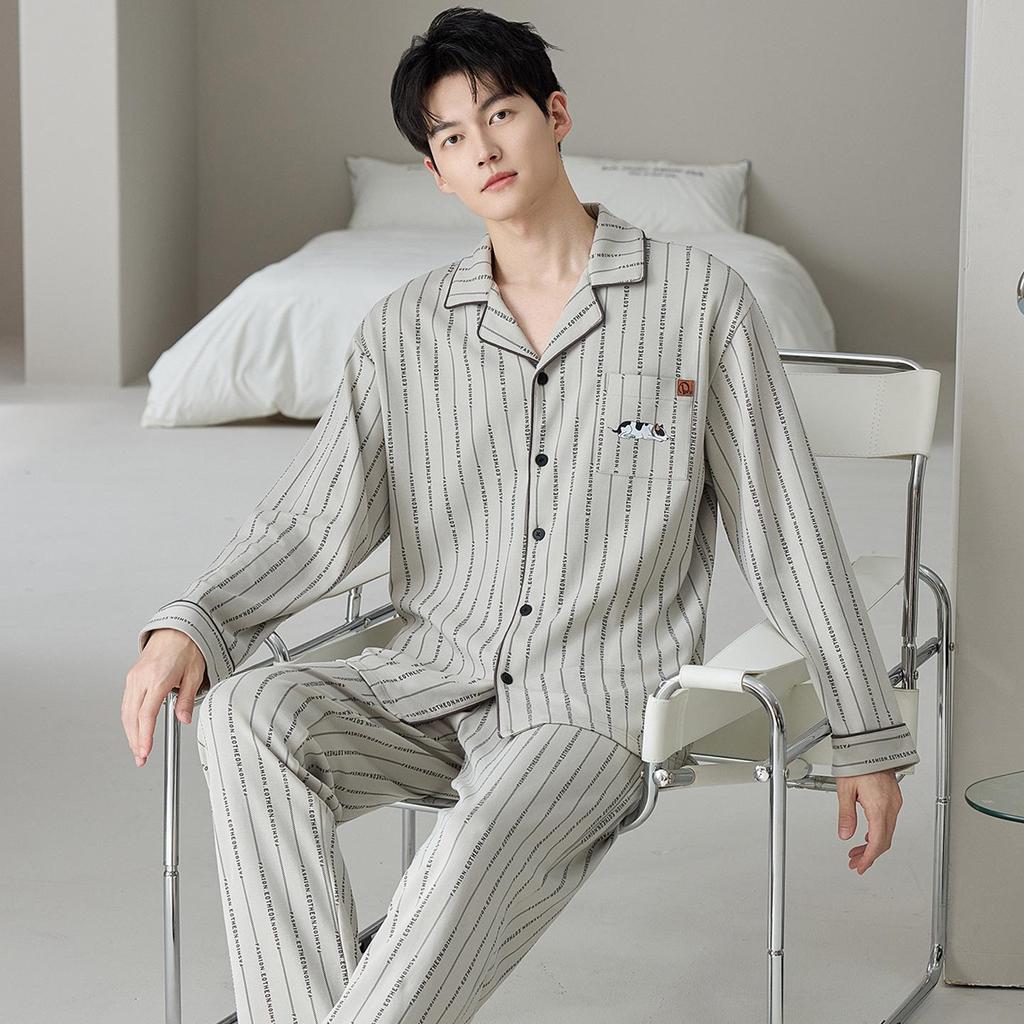 Men's 100% Cotton Striped Long Sleeve Pajamas - Trendy Korean Style for Spring