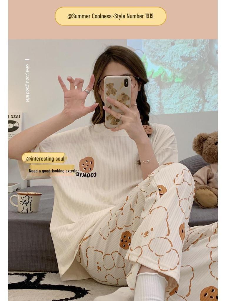 Women's Summer Pajama Set: Plus Size Loose Fit, Short Sleeve Top & Long Pants with Cartoon Design, Lightweight Home Wear