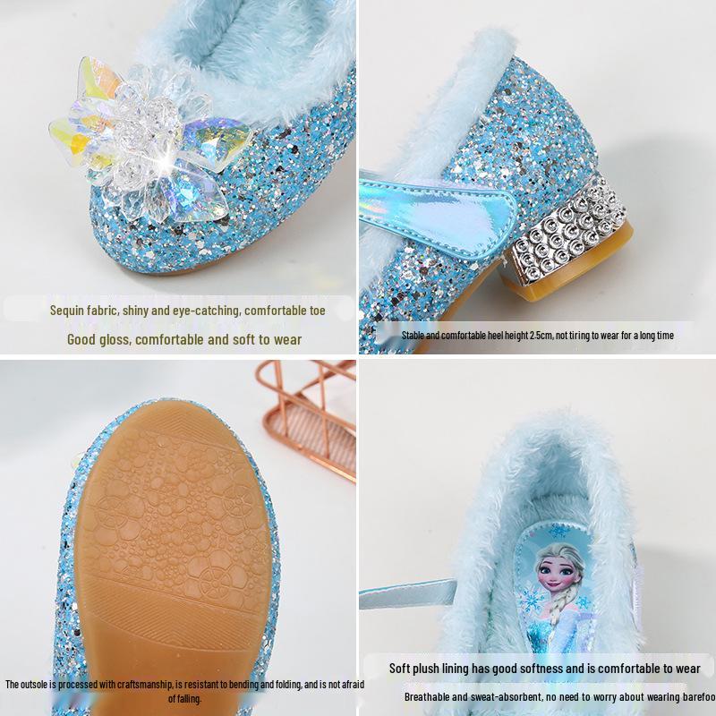 Pantofi cu toc înalt din catifea albastră Elsa cu cristale pentru fete - Pantofi de prințesă de iarnă