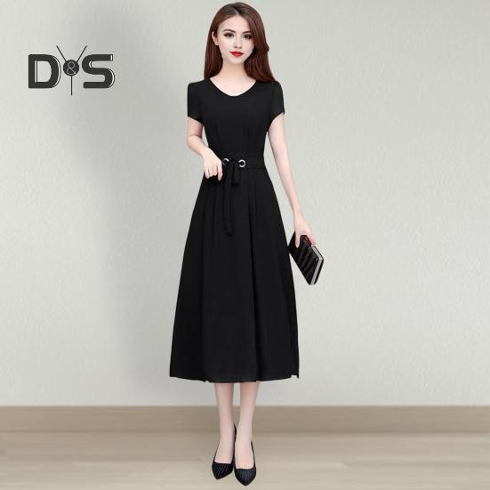 Summer Lady Dress Round Neck A-line Short Sleeves Slim Waist Plus Size Pure Color Slim Fit Mid-calf Length OL Commute Midi Dress