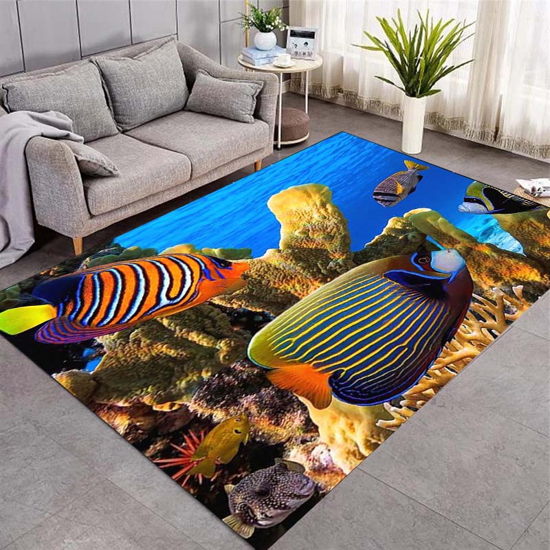 Colorful Tropical Fish Coral Reef Ocean Print Area Rug Marine Animal Non‑Slip Rectangular Floor Mat Living Bedroom Home Decor Rug