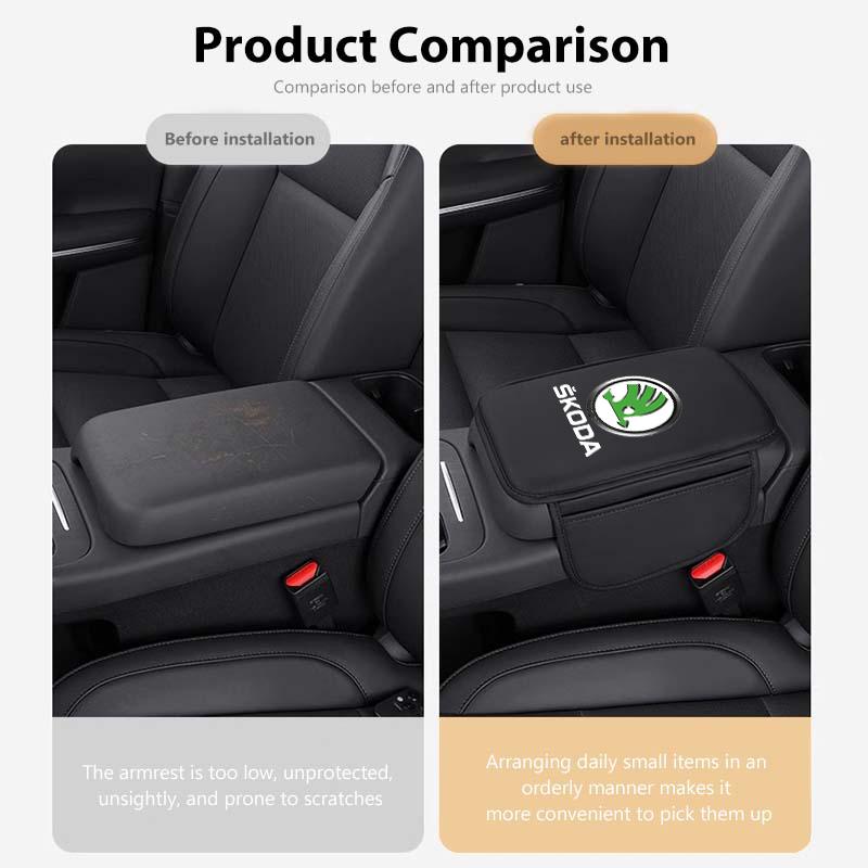 NAWR1 Leather Car Armrest Box Pad Central Arm Rest Storage Pocket Protective Cover For Skoda Kamiq Karoq Octavia 2 3 Rapid Scala Kami