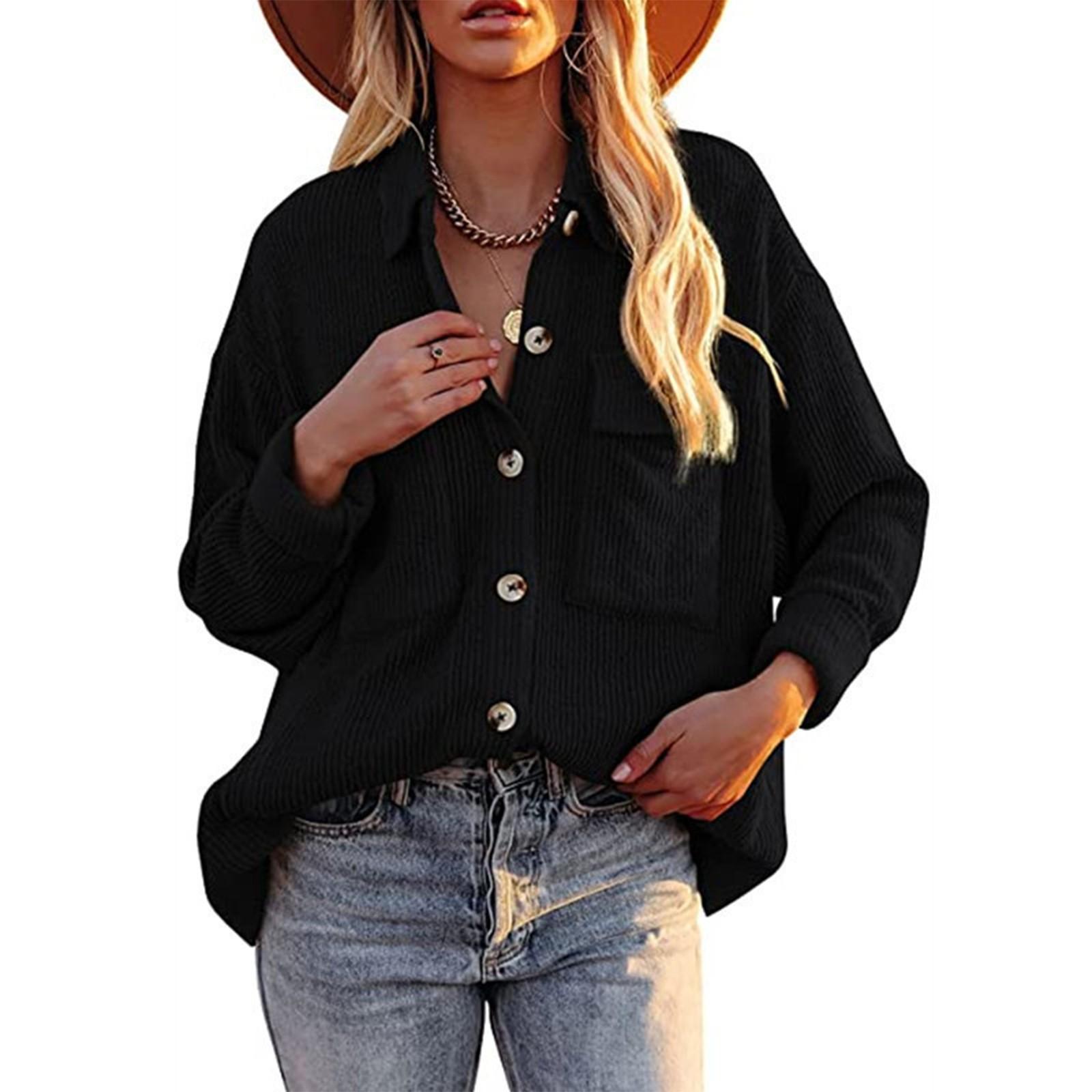

Women s And Winter Loose Corduroy Lapel Double Pockets Long-Sleeved Shirt Jacket XL чорний