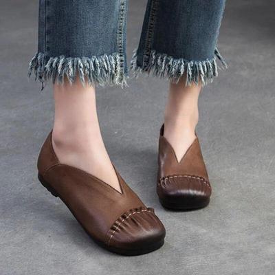 Zapatos planos retro de cuero genuino con punta redonda, suela suave, zapatos informales sin cordones de Color sólido para mujer