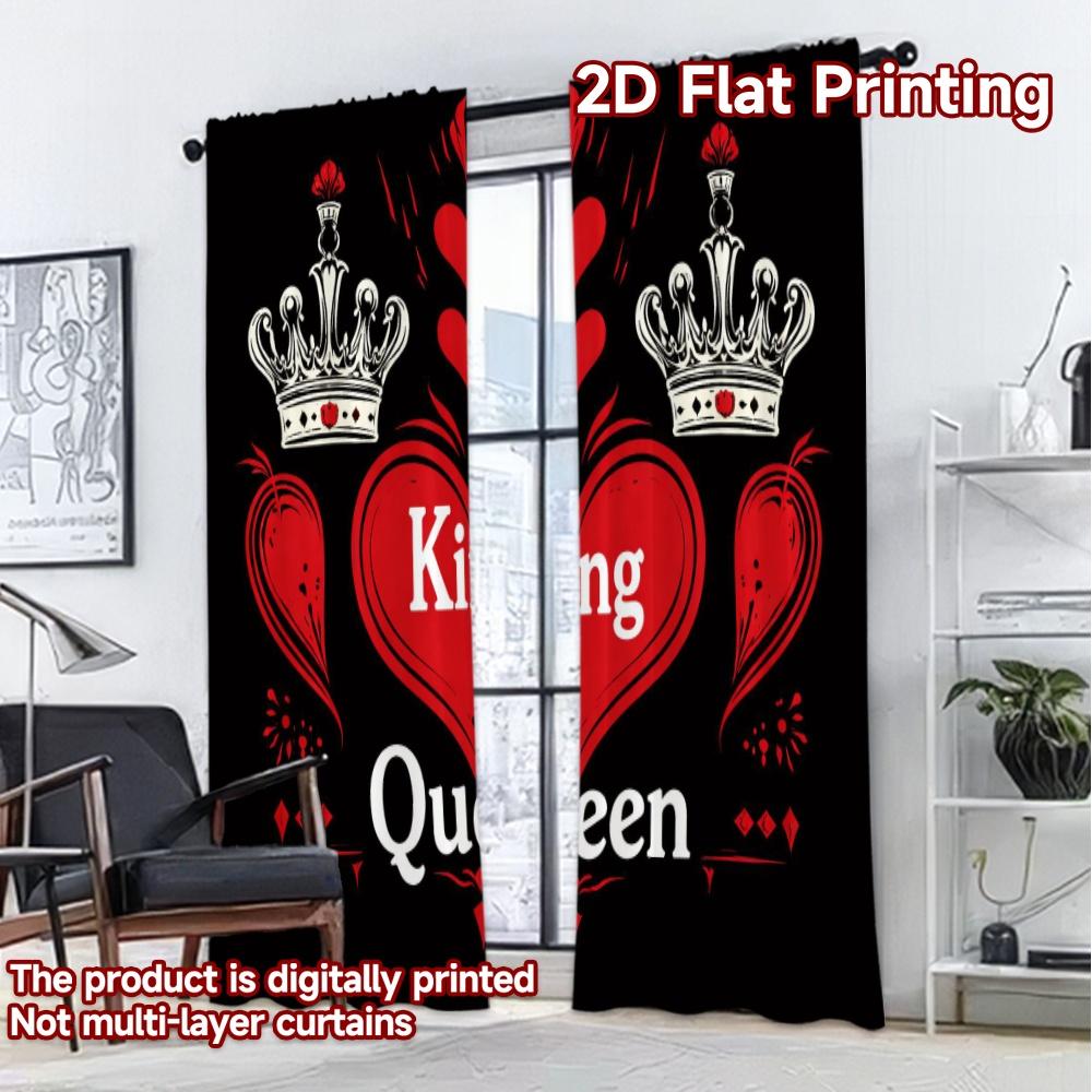 2D FLAT PRINTING 2pcs Curtains (Without Rod) Valentine's Hearts and Crowns Print Chic Curtains Versatile Polyester Fabric