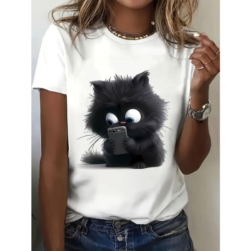 

Women s Cartoon Cat & Smartphone Graphic Casual Short Sleeve Crew Neck Cat Lover Tee 4XL