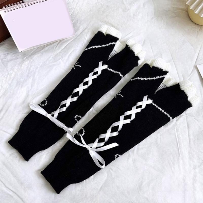 Japanese Harajuku Stretchy Knitted Leg Warmers with Star Pattern for Women Drawstring Ruffle Flared Boot Cuffs Covers