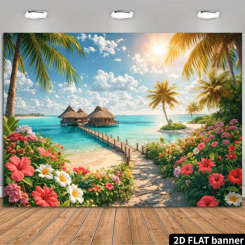 2D Hawaii Seaside Floral Ocean View Photo Backdrop Party Decor Background Cloth