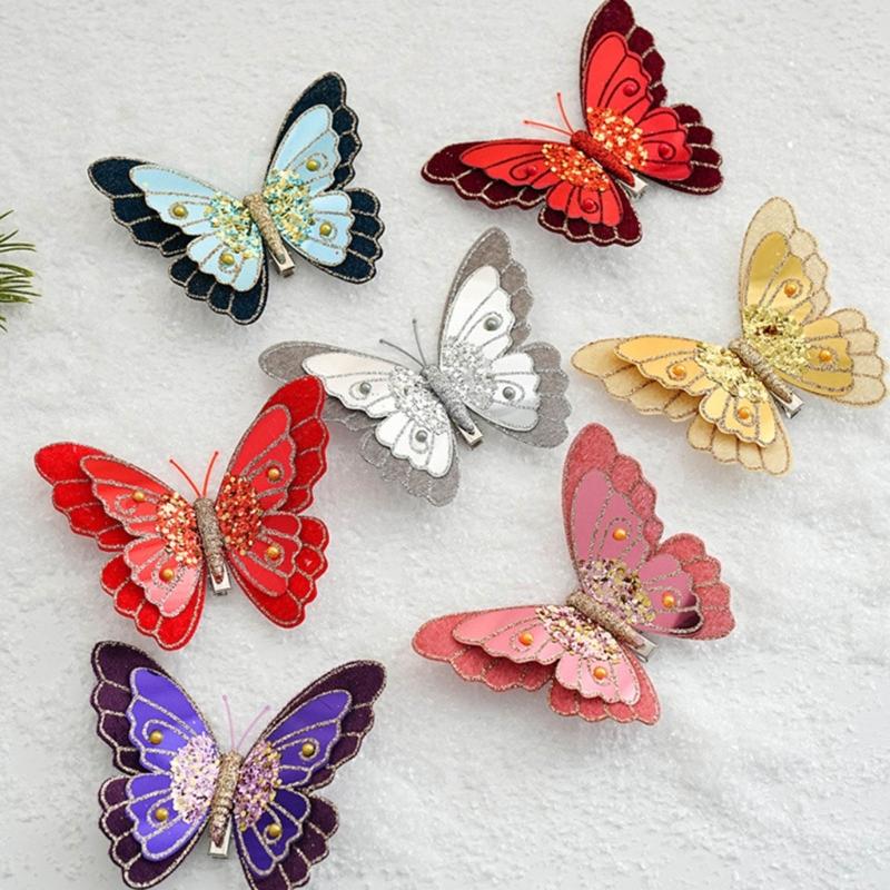 Pack Of 3 Double Layer Butterfly Christmas Tree Clip Accessory Elegant Fabric Ornament For Holiday Decorations