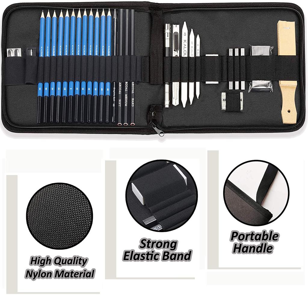 Hot Sale 34pcs Sketching and Drawing Pencil Set in Nylon Case with 100pages Sketch Pad in Paper Box for Professional Artist