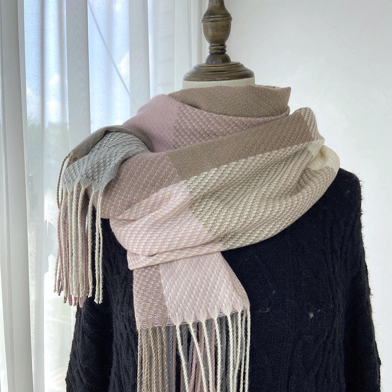 Women's Cashmere Scarf Green Plaid Vintage Winter Korean Thick Warm Long Tassel Shawl Neck Christmas Gift Fashion Accessories