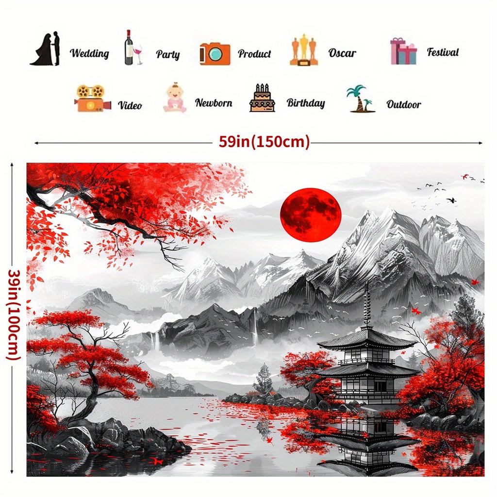 1 Japanese style landscape wall tapestry - Red Maple Leaf and Moon Mountain Flag - Multi functional home and party decoration
