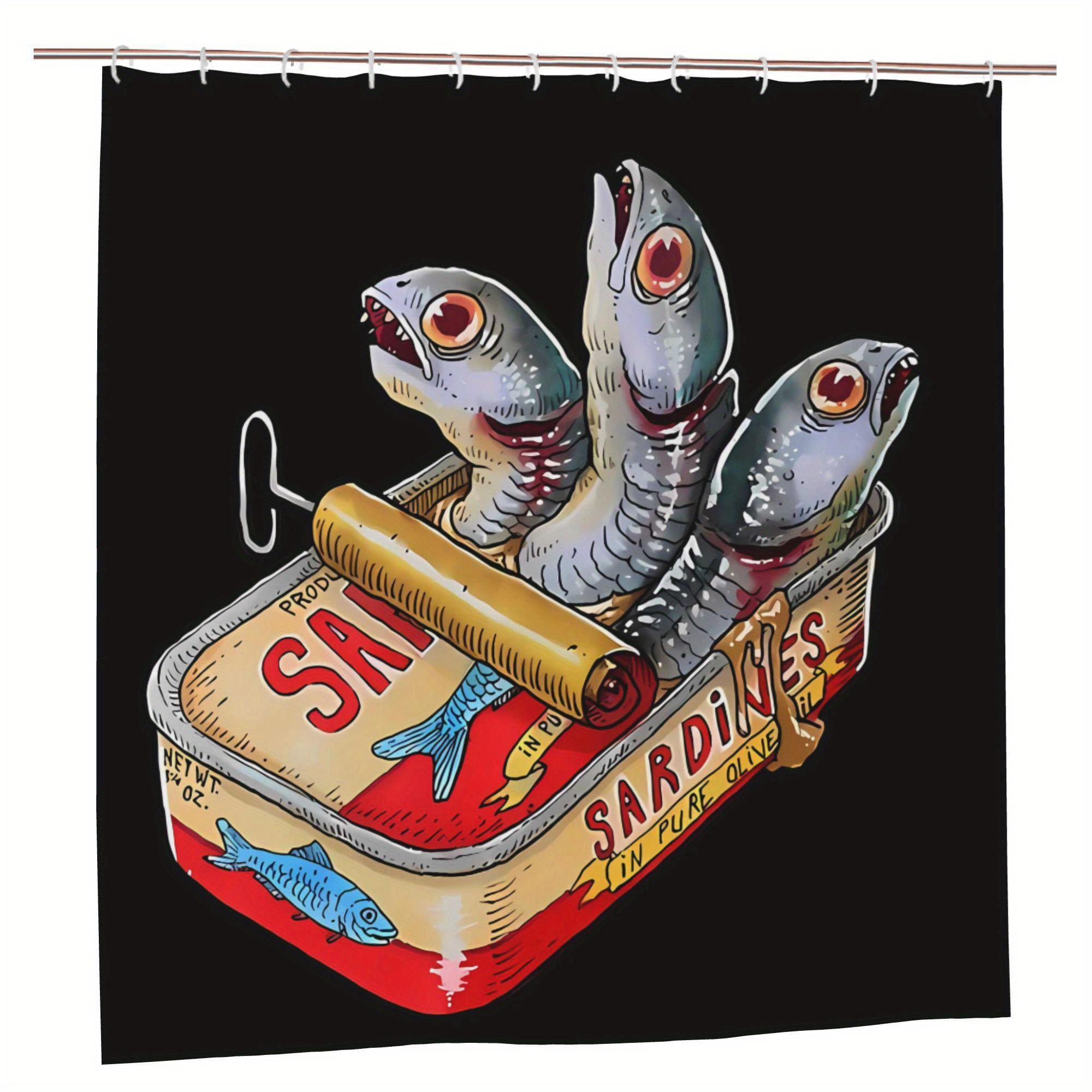 

Vintage Canned Sardines Design Shower Curtain - Durable Polyester, Machine Washable With Grommets, Black Background W60H190(CM)-1 Pcs