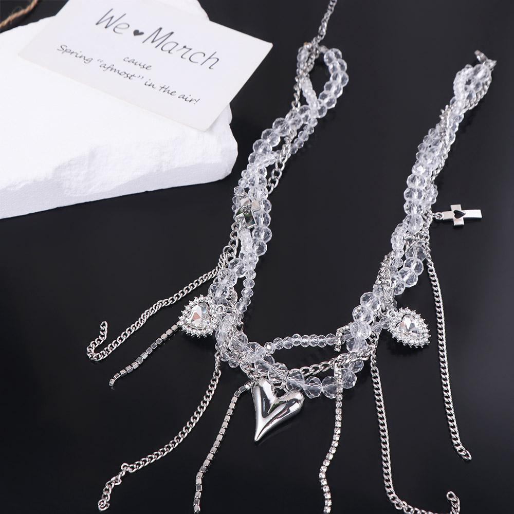 Transparent Heart Pendant Necklace Punk Y2K Crystal Necklace Unique Beaded Rhinestone Choker Daily