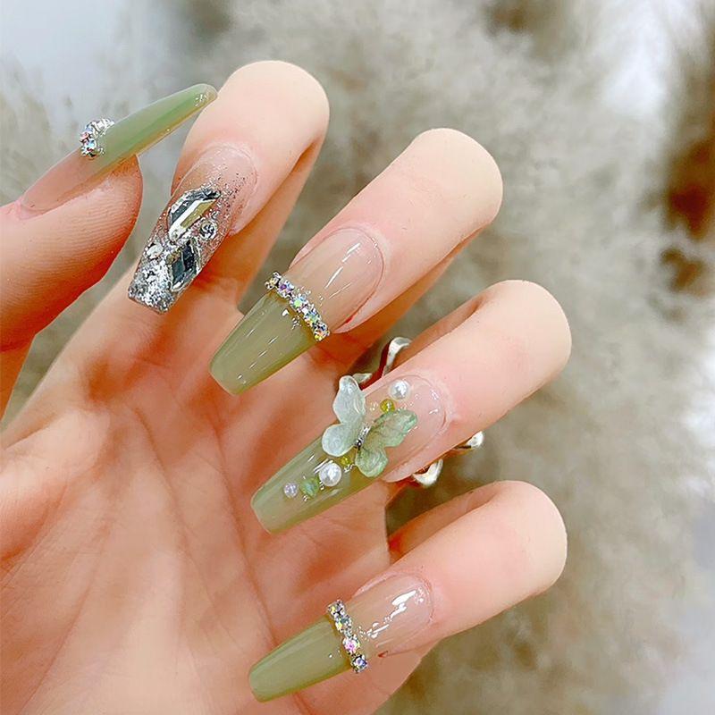 

Green Butterfly Mid Length Long Length Wear Armor 2025 New Arrival Spring and Summer Nail Stickers White Detachable Fake Nail Patch 320 Qingti Butterfly