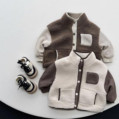 Boys' Contrast Color Plush Coat - 2024 Winter New Style for Girls & Toddlers, Korean-Inspired Warm, Thick, Trendy Top