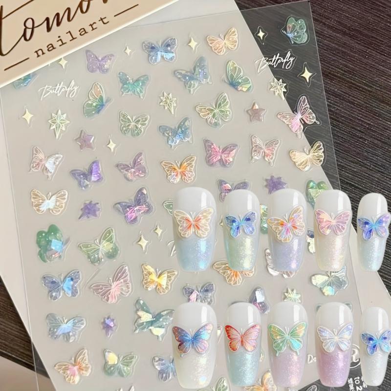 11/11sheet Iridescent Butterfly Nail Sticker,Glittering Decal For Nails,Self-Adhesive,One-Time Use,Animal Pattern Nail Stickers