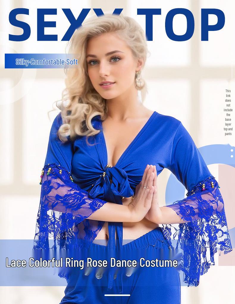 Belly Dance Lace Top with Flared Sleeves and Tassels for Performances