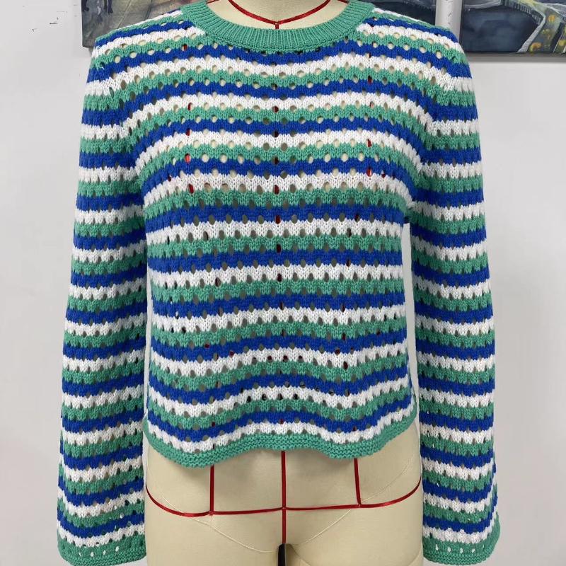 IHUASU Autumn and Winter O-neck Women's Knitwear Striped Pullover Intercolour Sweater