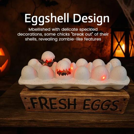 Halloween Zombie Chick LED Light Up Eggs Tray Spooky Eggshell Hatching Chicks Decoration 3D Creepy Deviled Eggs for Tabletop Party Indoor Decoration
