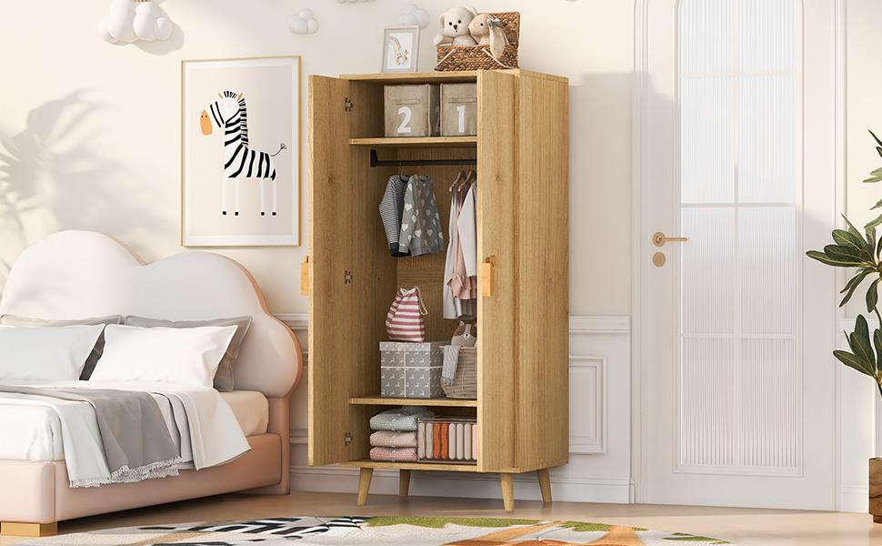 Kleiderschrank 70 × 55 × 170 cm, Design mit Doppeltür und großen Staufächern, griffförmige Cartoon-Figuren und erhöhte Füße, Holzfarbe