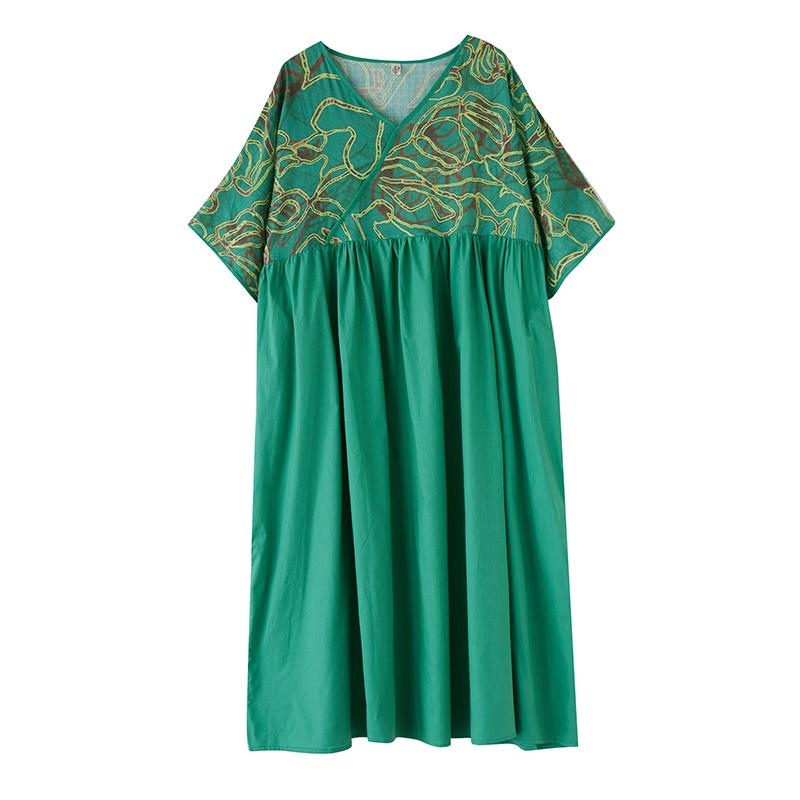 Dimanaf 2025 Verano Nuevo Vestido Talla Grande Básico Mujer Casual Suelto Largo Vintage Cuello en V Plisado Vestido Maxi