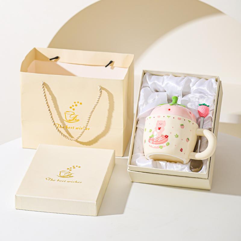 Erdbeerbär Keramiktasse mit Deckel für Mädchen Geschenk Tasse für Haushalt Becher Hochwertig Aussehende Paar Milch Frühstückstasse