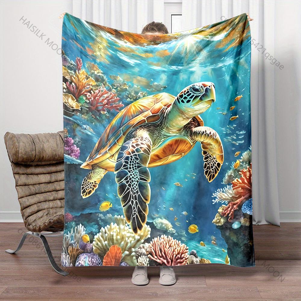 Multiple Sizes Turtle Swimming In Coral Reef Blanket Suitable for Home Bedroom Sofa Travel Camping Blanket Various Sizes Gifts