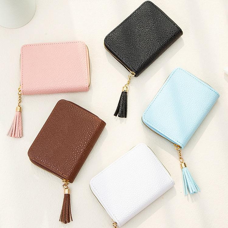 Peněženka na karty se zipem Malá malá peněženka z PU kůže pro ženy Střapec Dámská móda Krátké peněženky na mince