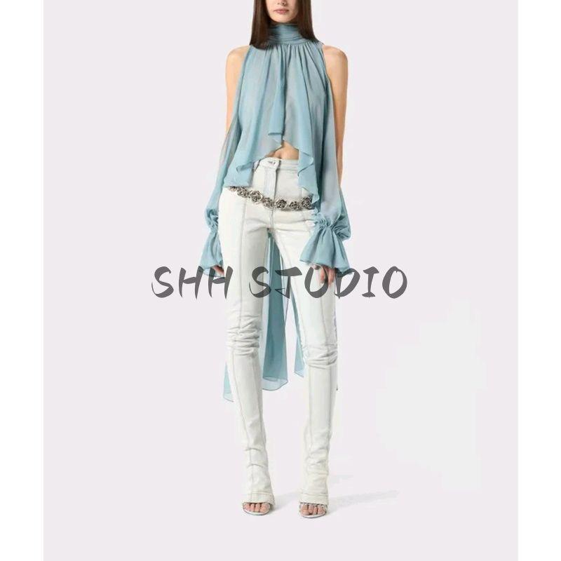 Summer New Product Women's Clothes French Asymmetrical Design Stand Collar Strap Ribbon off-Shoulder Loose Chiffon Long Shirt