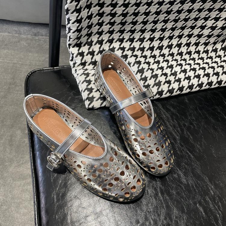 Sheepskin Version~ Flat Single Shoes Women's Round Head Hollowed Out One Word with Flat Mary Jane Shoes Shallow Mouth One Word Buckle Ballet