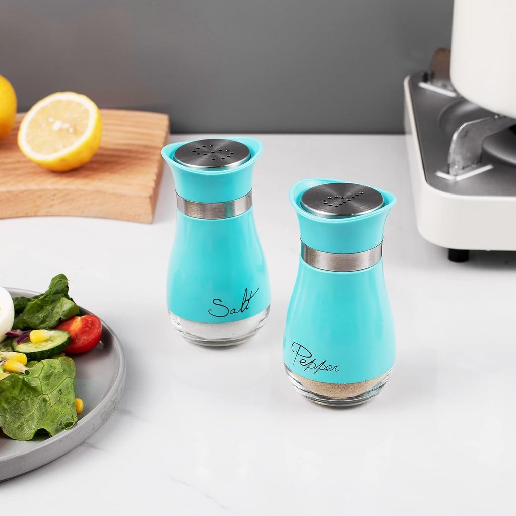 Lonffery Salz- und Pfefferstreuer, Edelstahl und Glasflasche, 2er-Set, Türkis