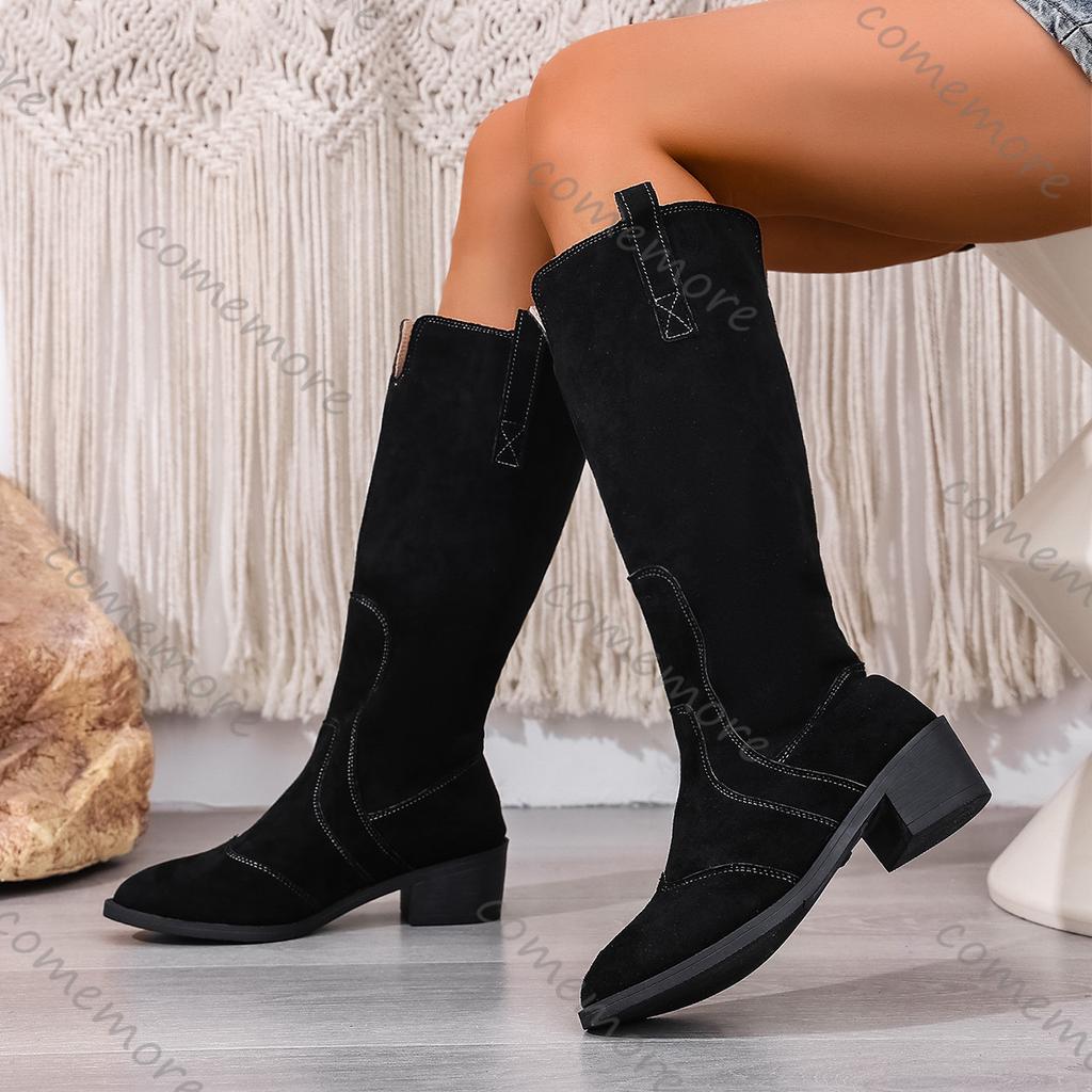 Fashion Comemore Autumn Knee High Boots Women Pointed Suede Chunky Heeled Women's Shoes Retro V-mouth Fashion Thigh-high Botas Femmes
