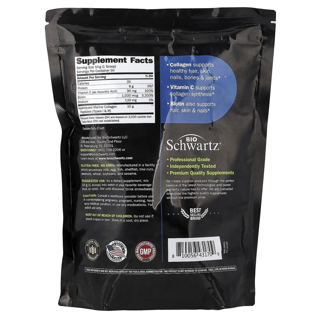 BioSchwartz Marine Collagen Peptide Powder, Types I and III, with Biotin and Vitamin C, Unflavored, 500 G (17.6 Oz)