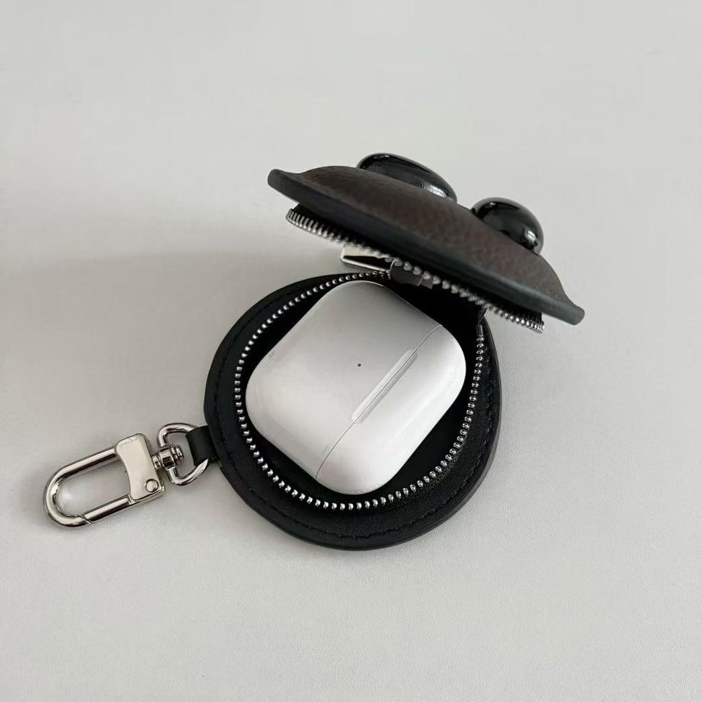 Alien Head Top Layer Cowhide Leather Bag Charm Earphone Key Storage Pouch Fashionable Accessory for Organizing Small Items