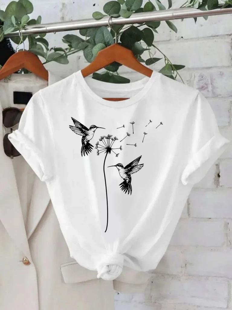 Fashionable Letter Cartoon Print Women'S Round Neck T-Shirt  Simple Design  Suitable for Daily Leisure and Versatile  harajuku