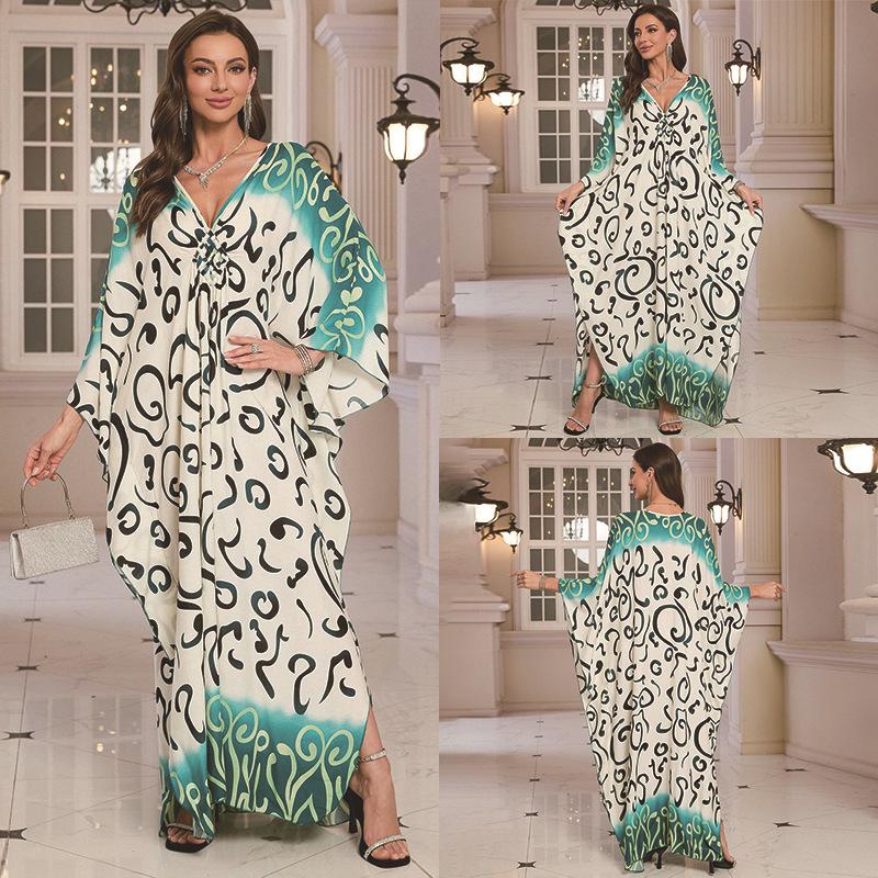 2025 European & American Cotton Printed Beach Dress Women's Long Loose Cover-Up with Sun Protection
