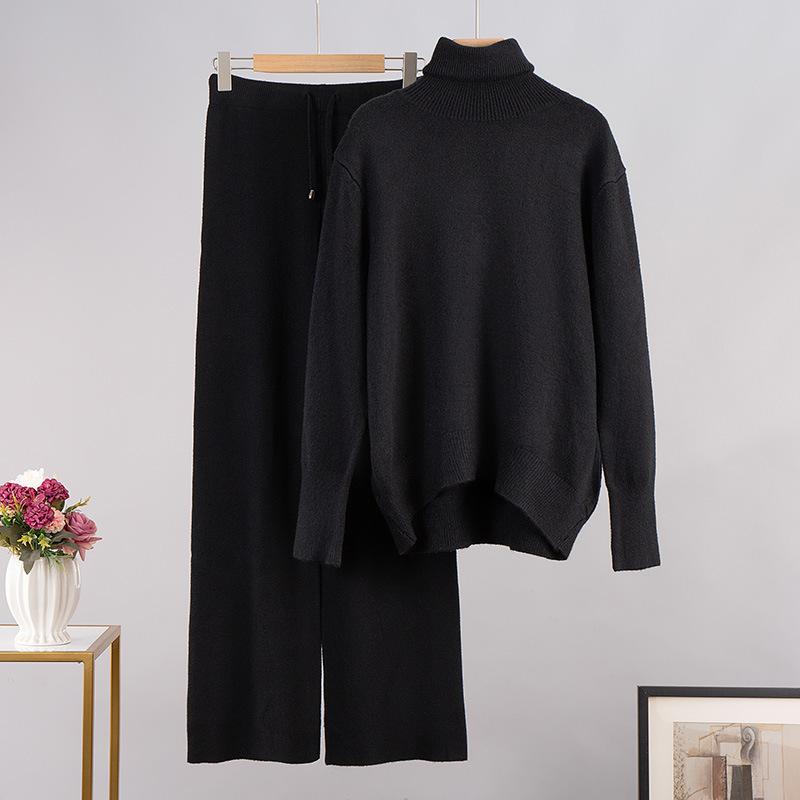 Women's Autumn and Winter Solid Colour High Neck Knitted Sweater Wide Leg Pants Two Piece Set