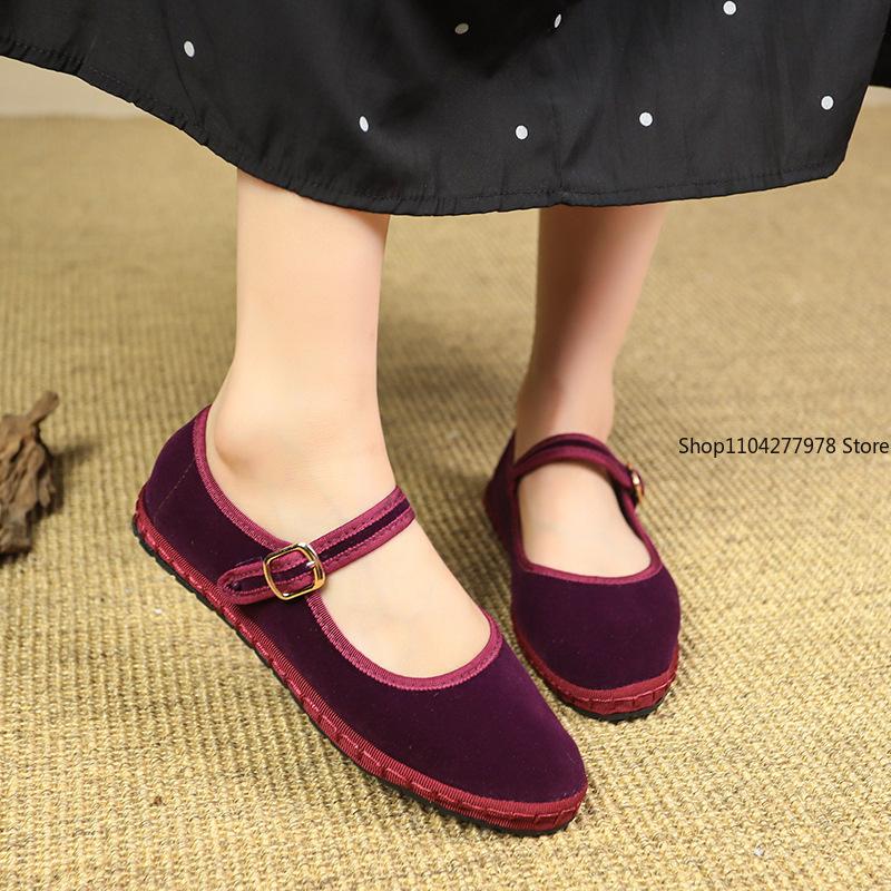 Fashion Velvet Mary Jane Shoes for Women Hand Stitch Casual Streetwear Ballet Flats Pumps Female Solid Color Red Cloth Shoes Loafers