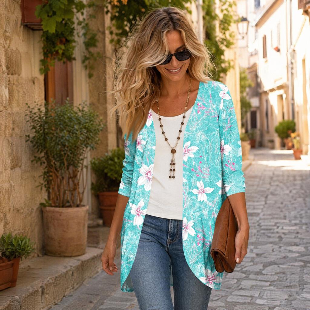 Women's Vintage Floral Print Three-Quarter Sleeve Lightweight Cardigan for Casual Daily Wear