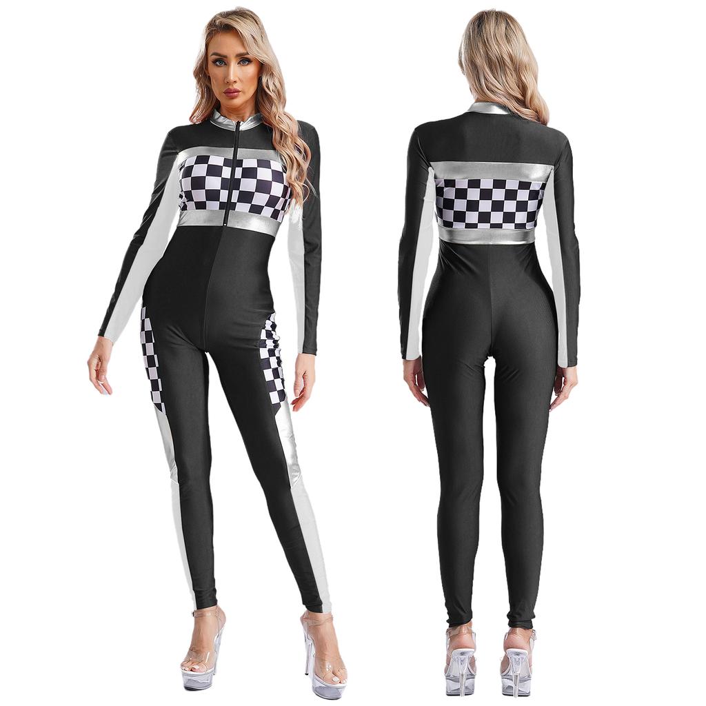 Womens Checkerboard Racing Jumpsuit Long Sleeve Plaid Romper Racer Driver Cosplay Costume
