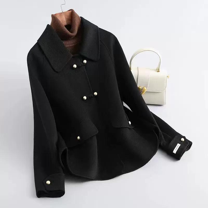 Spring and Autumn Women Wool Coat Short Small Double-sided Fleece Coat Fashionable Chinese Style Loose Woolen Top with Buckle