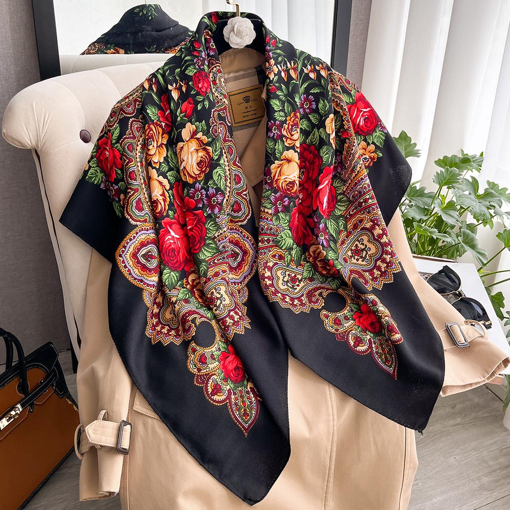 Women Russian Floral Scarf Ethnic Style Square Bandana Head Scarves Ladies Handkerchief Headband Silk Scarf Hair Wraps