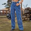 European-American Wash Denim Multi-Pocket Workwear Pants for Women