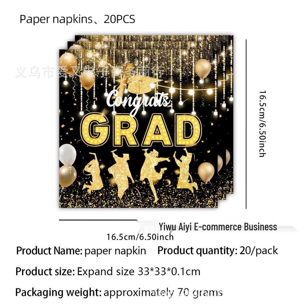 Graduation Party Disposable Tableware Set: Paper Plates, Cups, Banner, Tablecloth, and Knives. Perfect for University Graduation Celebrations.