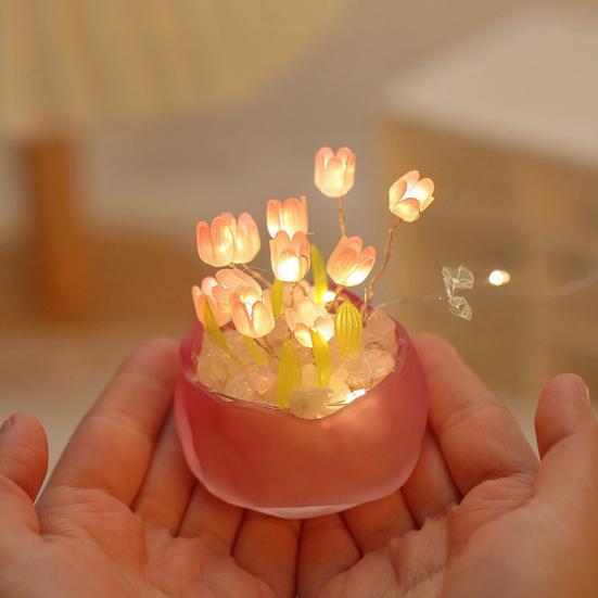 Tulip Night Light Material Pack Handmade Desk Lamp Kit with Warm Light Flower Petal Light String Decoration Romantic Atmosphere Light for Bedroom Car