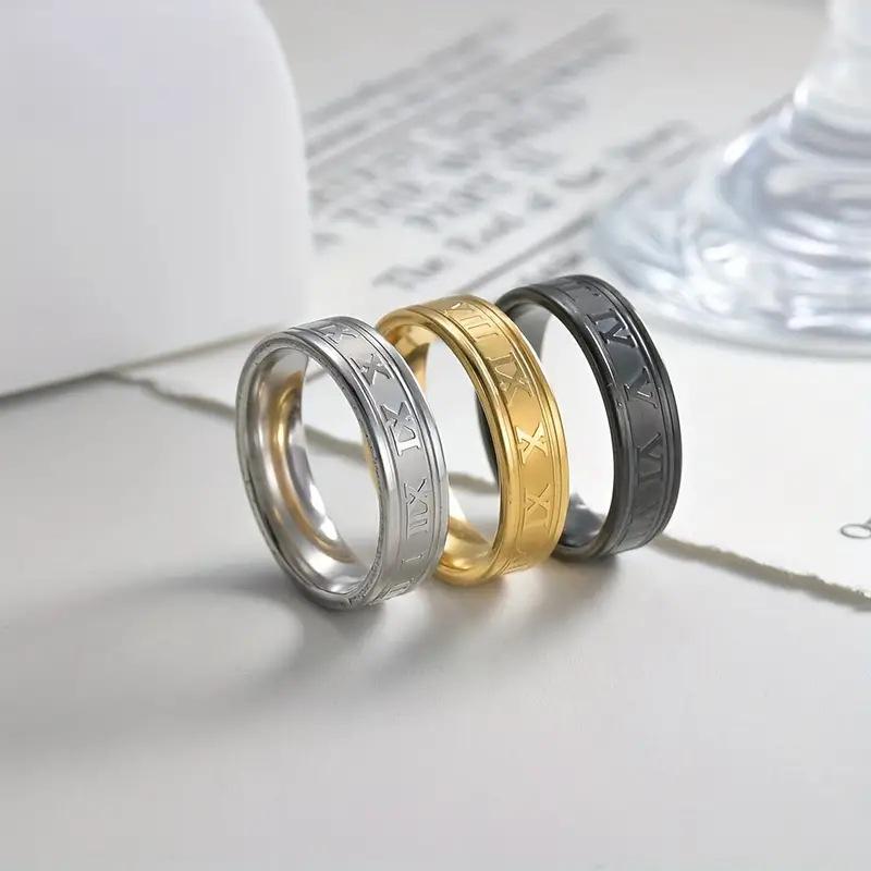 Punk Hip Hop Stainless Steel Roman Numeral Ring - European American Street Style Titanium Finger Ring