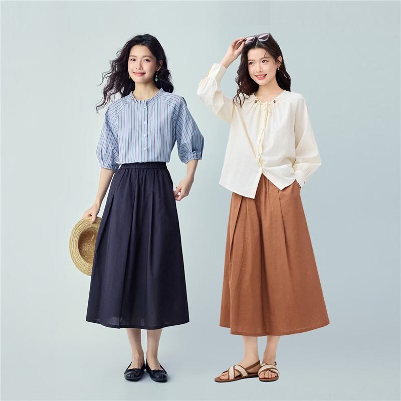 Giordano Women's Cotton Linen Pleated A-line Skirt