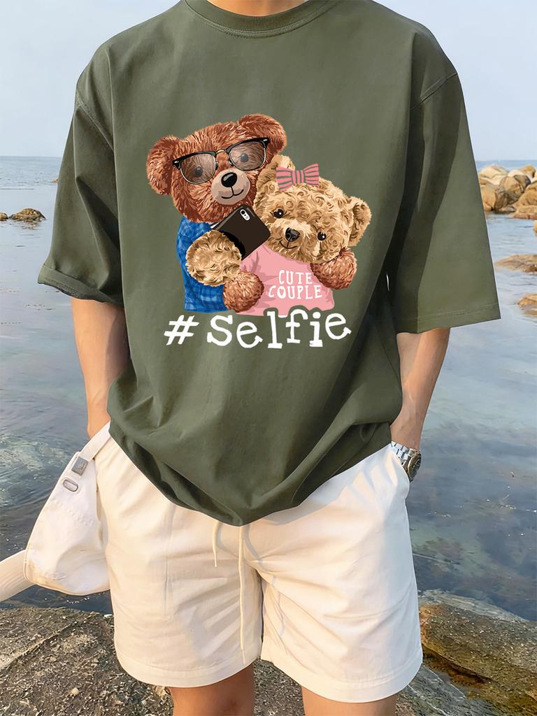 Cute Couple Bears Selfie Printing TShirts Womens Summer Cotton Short Sleeve Tees Loose ONeck Comfortable Tops Casual Clothes