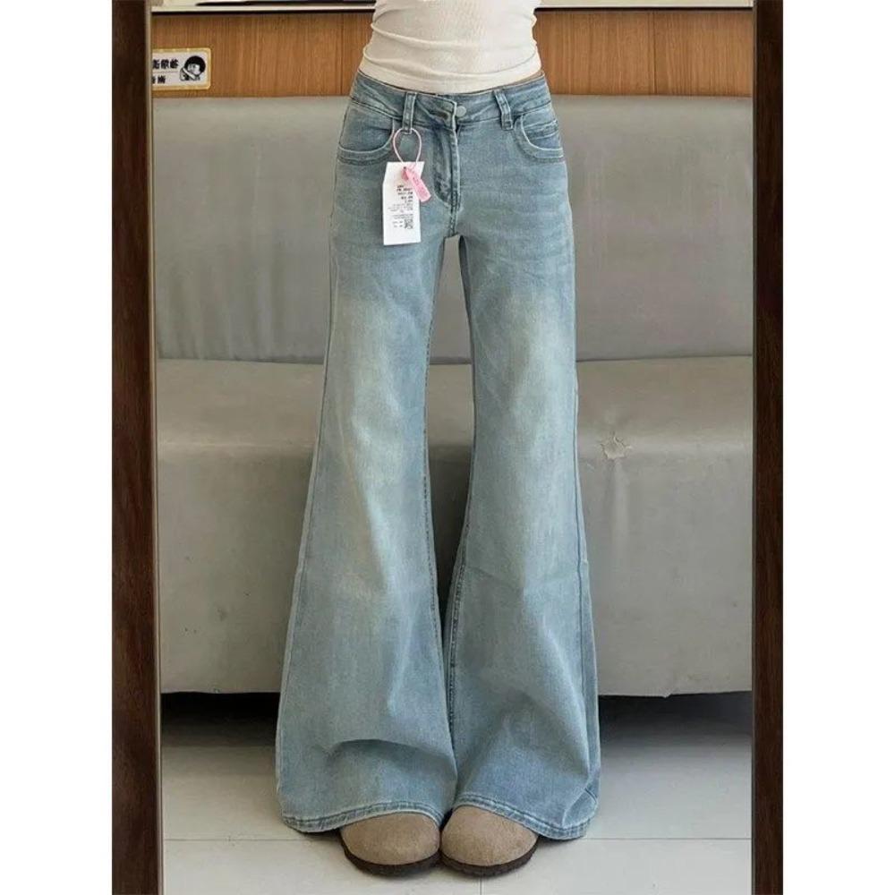 Women s Low Rise Flare Jeans Slim Fit Elegant Casual Washed Button Zip Light Blue Denim Pants Trousers S